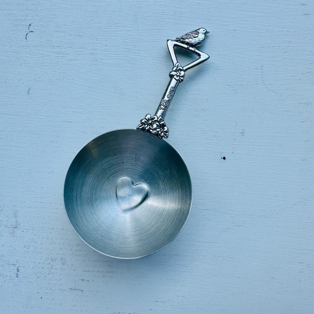 Vintage Bird Floral 1/3 Cup Measuring Scoop Silver Metal Heart Cottagecore